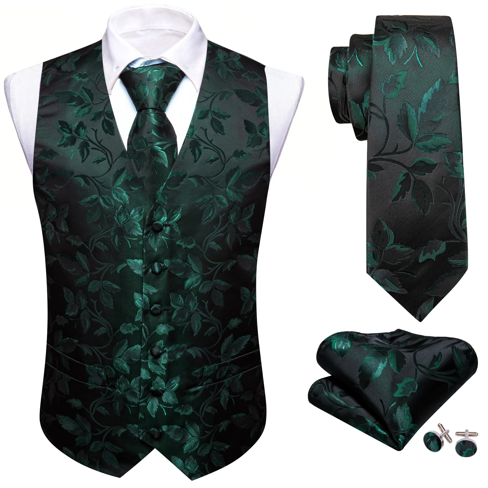 Men's Elegant Floral Vest Tie Hanky Cufflinks Formal Wine Green Blue Qme MJ-2622 XXL
