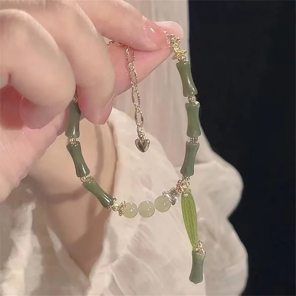 1Pcs Handmade Creative Sense Green Color Natural Stone Bamboo Joint Leaves Tassel Beads Strand Beaded Bracelet Women Accessories Qme