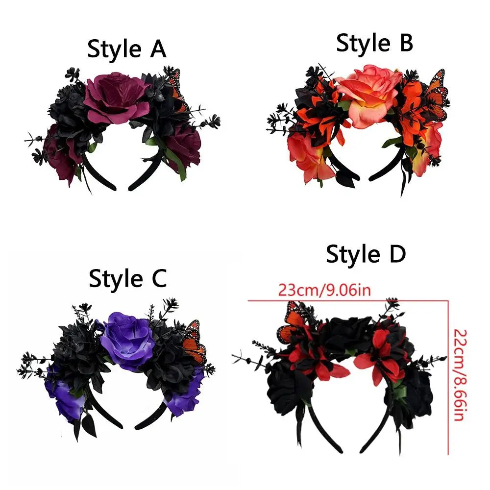 Gothic Halloween Rose Flower Crown with Butterfly Realistic Artificial Flower Headband Simulated Vintage Qme