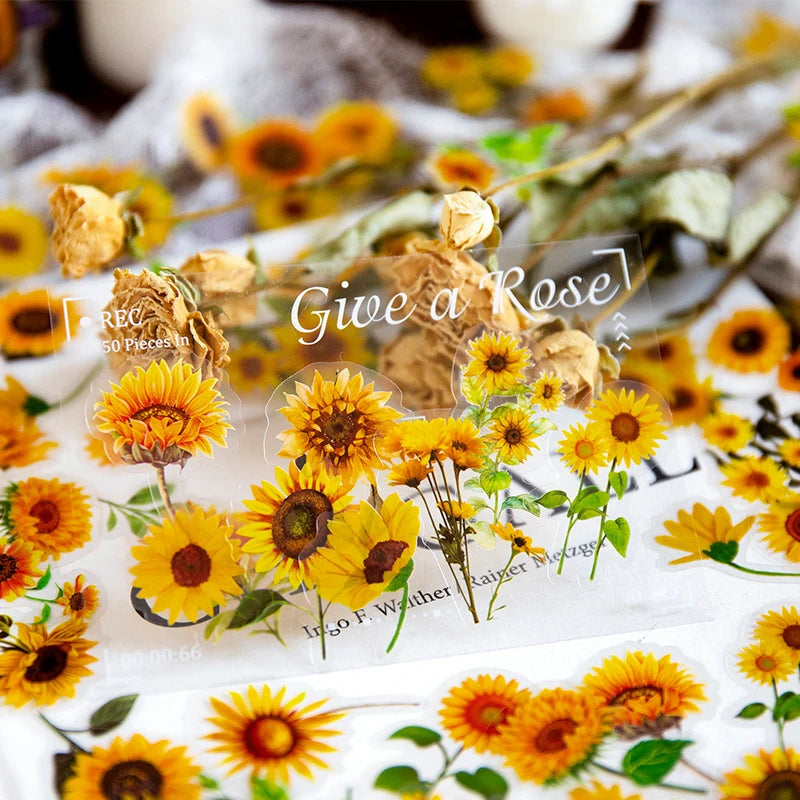 100pcs Flowers Sticker pack Rose Tulip Daisy Transparent Waterproof Plant hand account Decoration Scrapbooking Material Qme