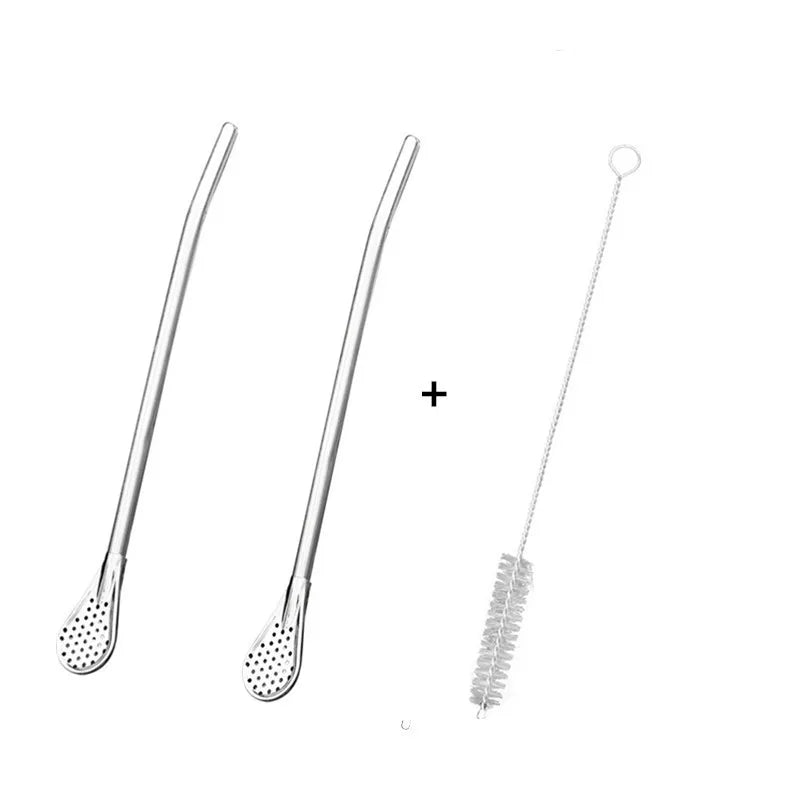 Stainless Steel Drinking Straw Spoon Tea Filter Detachable Reusable Metal Straws with Brush Drinkware Bar Party Tool Accessories Qme 2PCS