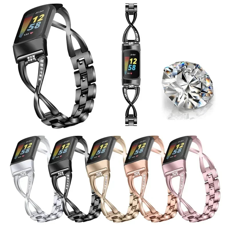 Fashionable Watch Band for Fitbit Charge 5 Smart Watch for Charge 5 Wrist Bracelet Band Zinc Alloy Diamond Strap Correa Metal Qme