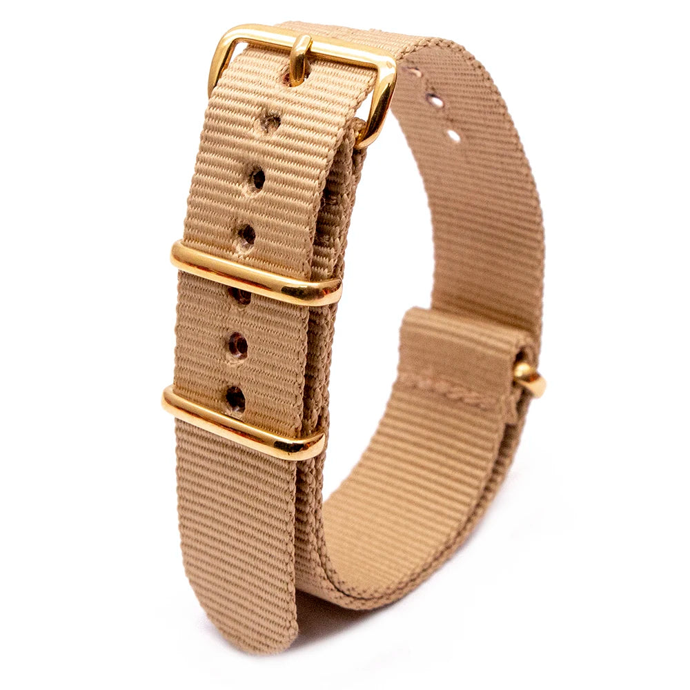 Hot Selling Gold Square Buckle Nylon Four Colors Watch Strap Fashionable Wear Resistant Watch Striped Bracelet Nice Watch Strap Qme Beige 22 mm