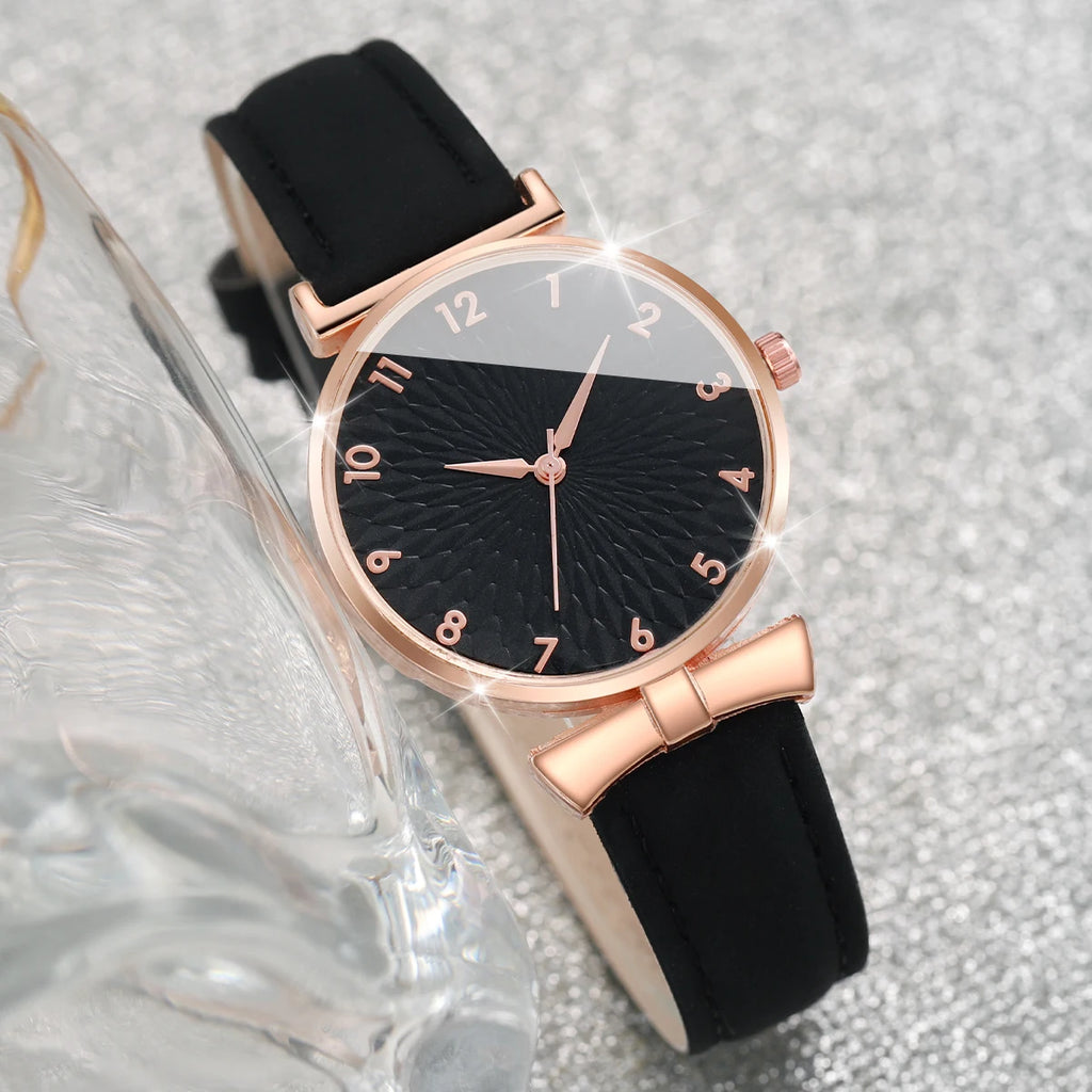 6pcs/set Ladies' belt watch, student ins style Korean version, simple temperament, light luxury, niche with calendar quartz Qme
