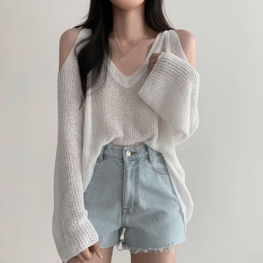 Chic Hollow Out Knit Long T-shirt Sleeve Pullover Crochet Knitwear Qme