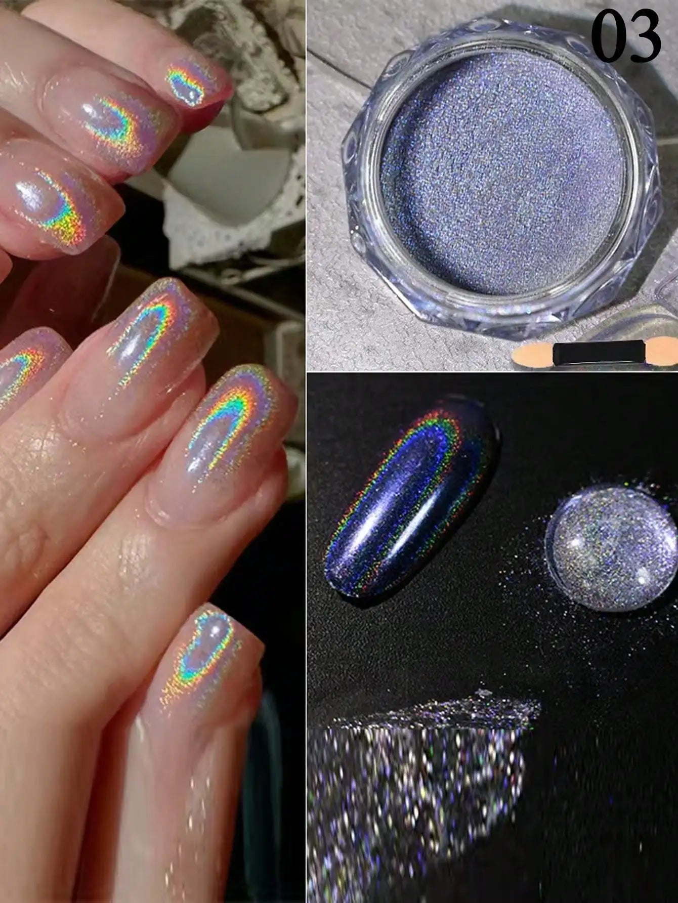 1 Aurora Rainbow Laser Nail Powder Ultra Shiny Fine Glitter Solvent Qme 03