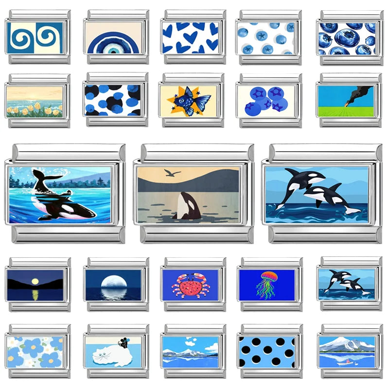 Fashion Blue Series Cartoon Shark Sea Seagull Crab Italian Charm Links Fit 9mm Stainless Steel Bracelet Jewelry DIY Making Beads Qme