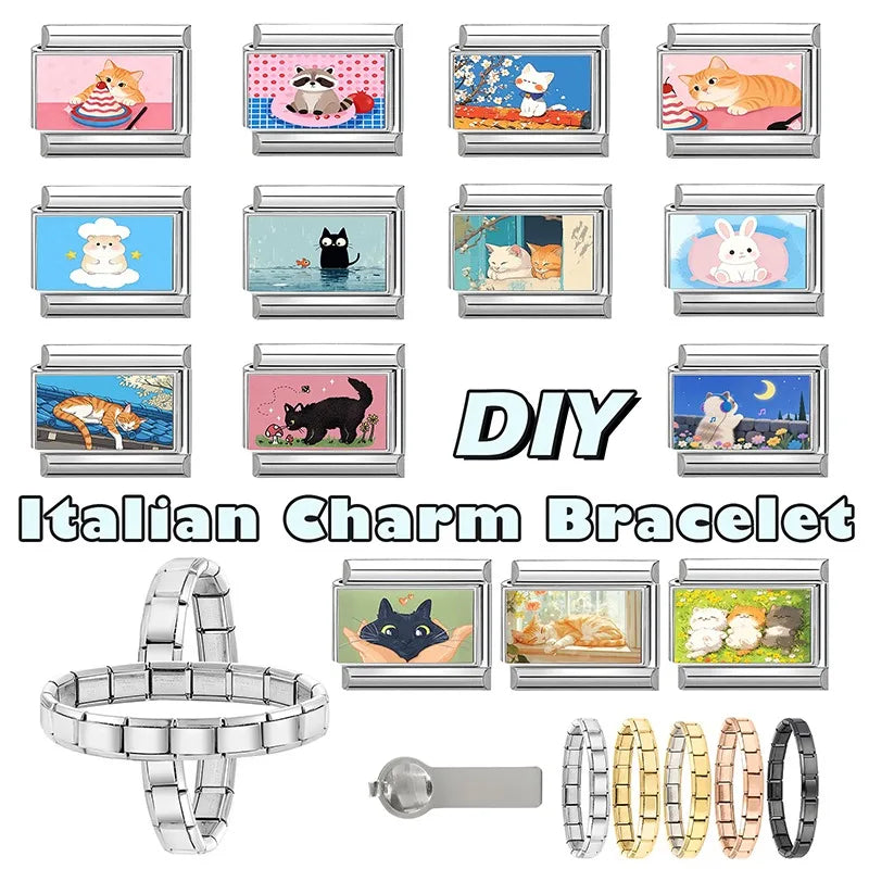 9mm Charm Links Bracelet Stainless Steel Y2K Kawai Cute Cats Listen to music Look at the moon Italian Men Women DIY Making Gifts Qme