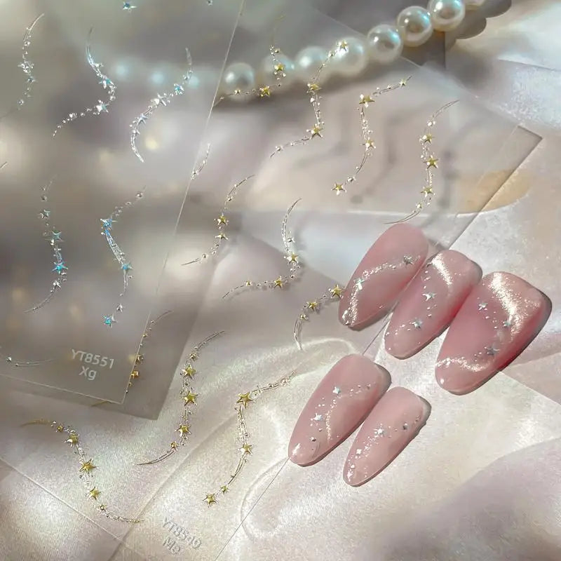 Luxury Stars Chain Nail Stickers Holography Gold Silver Wavy Star Qme