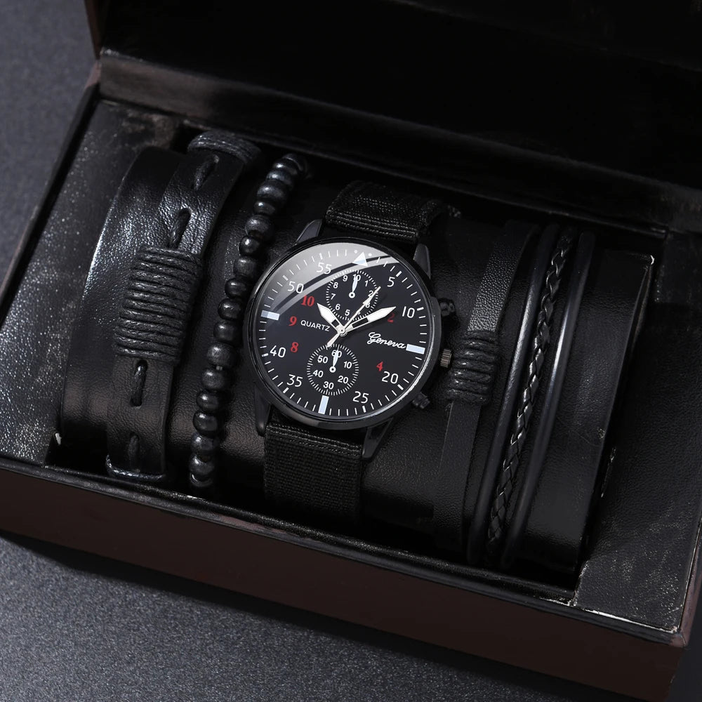 New Men's Watch Luxury Bracelet Set Multi Pieces Fashion Business Black Leather Quartz Watch Gift Box for Men Reno Masculino Qme C