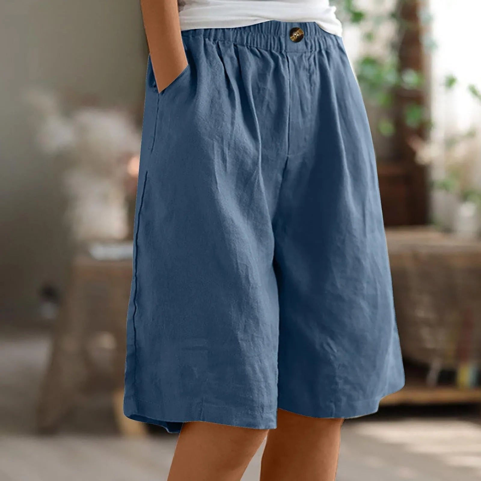 Female Fashion Solid Color Elastic High Waist Pocket Button Up Loose Cotton Linen Five Length Shorts Summer Soft Comfort Pants Qme