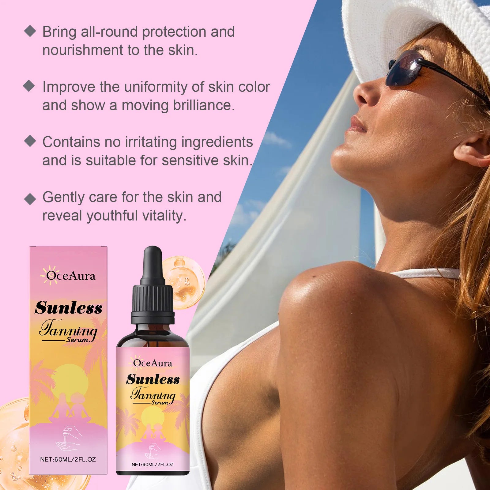 OceAura Sunless Tanning Serum Natural Bronze Gentle Deep Nourishing Even Skin Tone Dullness Reducing Sun Free Tanning Care Drops Qme