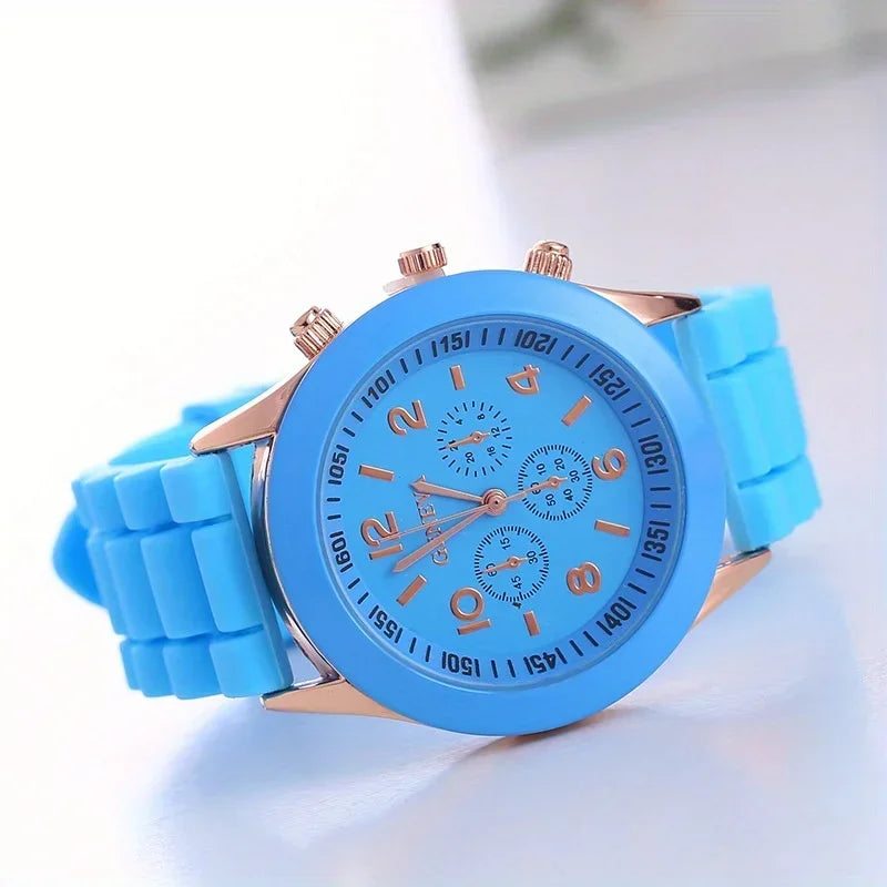 Stylish Round Pointer Quartz Watch, Triple Dial Silicone Watchband Sports Wristwatch For Women And Men, Ideal choice for Gifts Qme blue