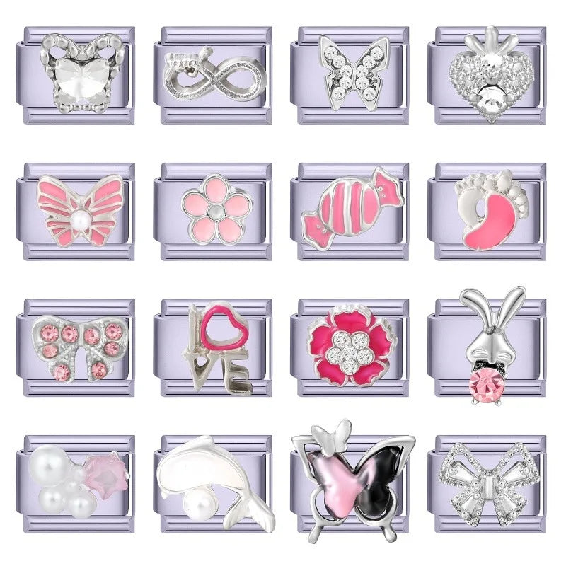 Fashion Zircon Bow Butterfly Cute Rabbit Italian Charms Links DIY Stainless Steel Bracelet Accessories Women Jewelry Making Gift Qme