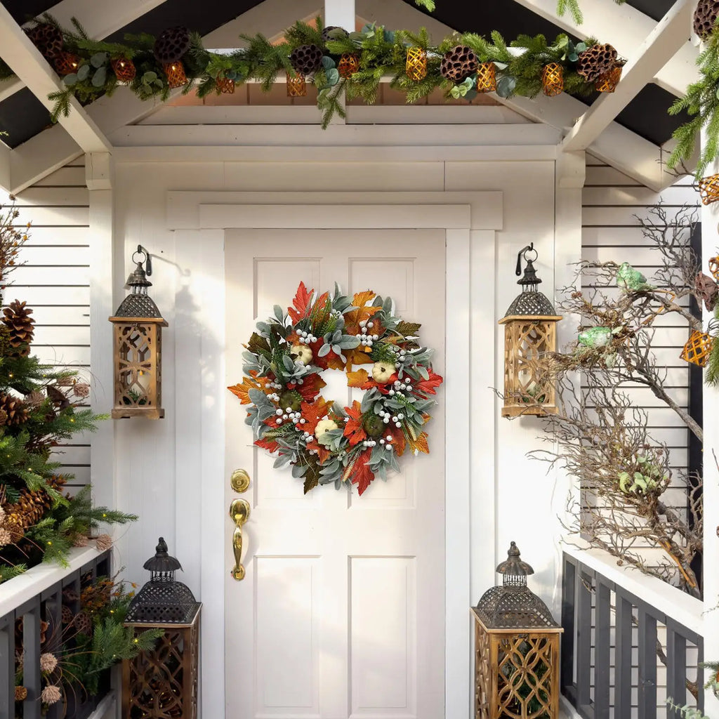 Halloween Wreath Harvest Season Decor Festive Maple Leaves Pumpkin Qme