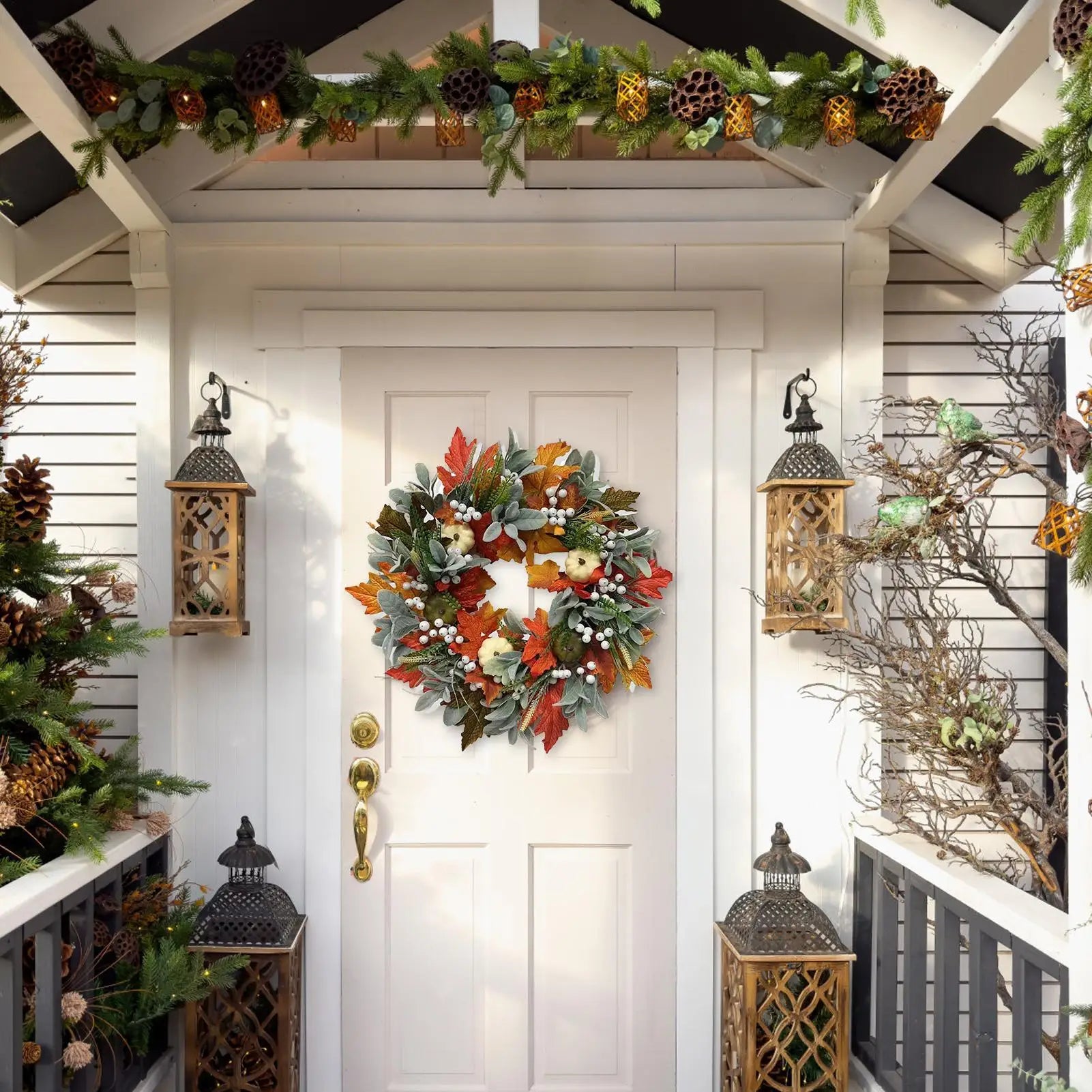 Halloween Wreath Harvest Season Decor Festive Maple Leaves Pumpkin Qme