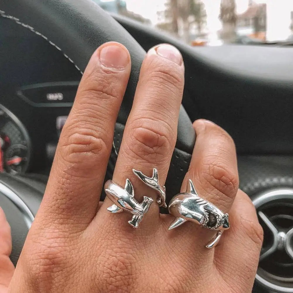 2pcs/set Vintage Shark Adjustable Finger Rings Set Simple Animal Retro gothic Great White Shark Opening Jewelry Accessories Qme