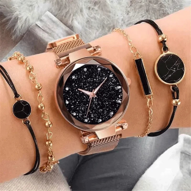 5pcs/set Women Ladies Watches, Starry Sky Magnet Buckle Dial Rhinestone Mesh Straps Bracelet Wristwatch + Marble Bracelet Qme Brown No