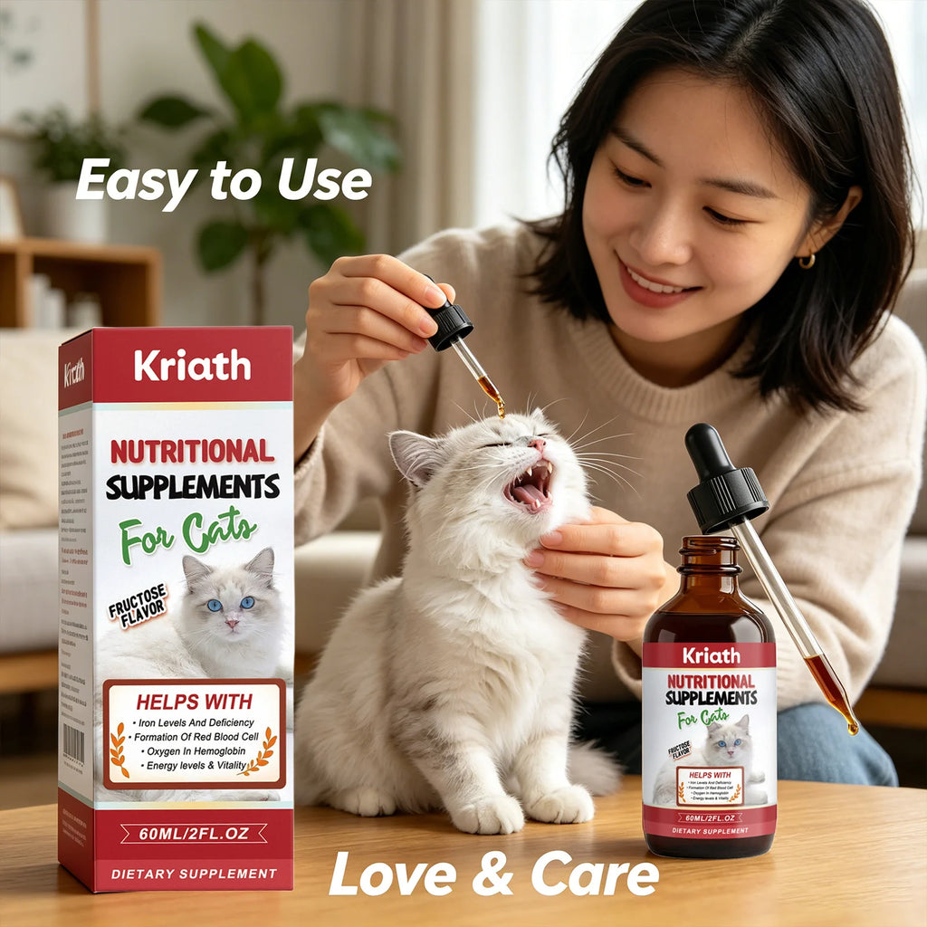 Kriath Cat Nutritional Supplement Drop Boost Energy Vitality & Red Blood Promote Healthy Growth Multivitamin Iron Support Liquid Qme