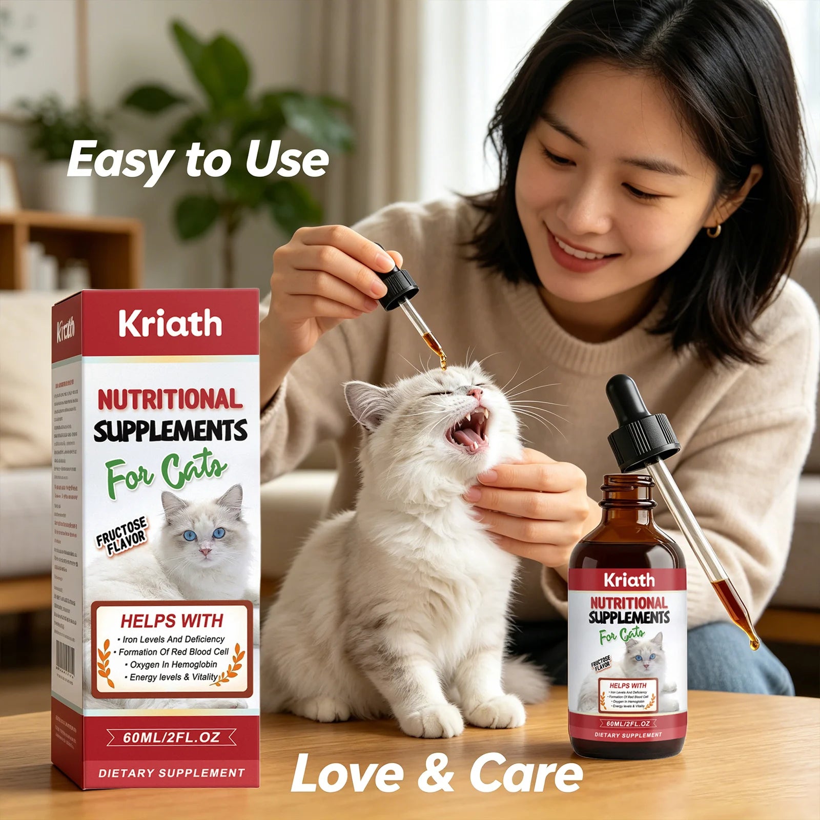 Kriath Cat Nutritional Supplement Drop Boost Energy Vitality & Red Blood Promote Healthy Growth Multivitamin Iron Support Liquid Qme