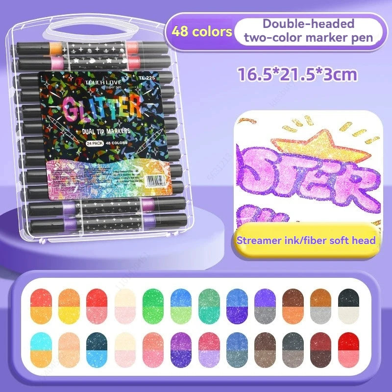 Glitter Double Tips Markers Pens, Shimmer Markers Glitter Writing Drawing Pens for Christmas Card Birthday Greeting DIY Art Qme 24 pieces-48 colors