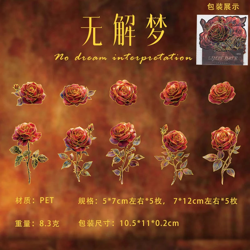 10 pcs Retro Rose Sticker Decor Junk Journal Collage Materials Diary Album Planner DIY Scrapbook Stickers Aesthetic Stationery Qme D4