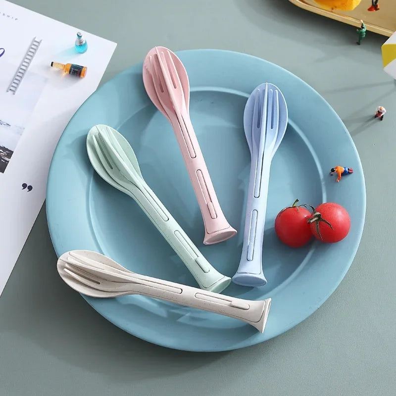 3PCS Portable Wheat Straw Cutlery Set Detachable Travel Tableware Dinnerware Set Camping Picnic Spoon Fork Chopsticks Kit Qme