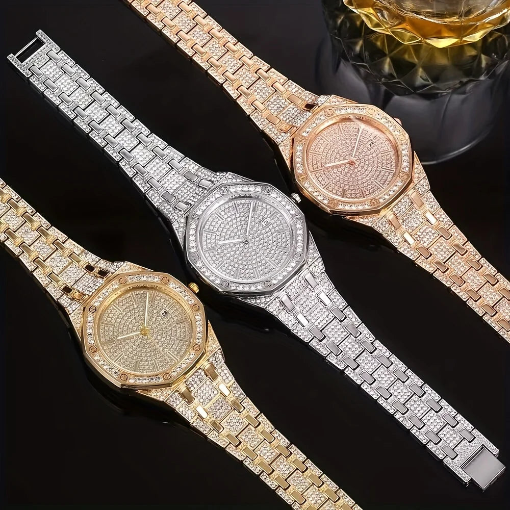 Fashion Luxury Hip Hop Diamond Style Square Men's Watch Shiny Crystal Stainless Steel Quartz Sports Men's Watch Qme
