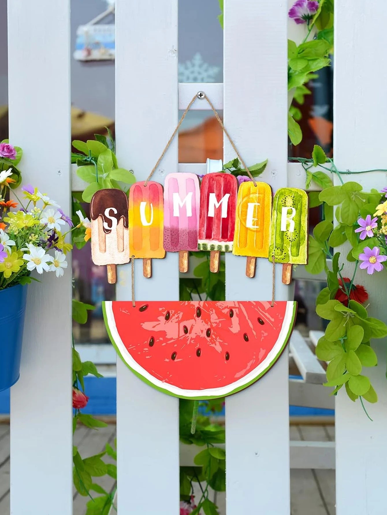 Summer watermelon Wooden Hanging Sign, Welcome Decor For Door Wall Porch Indoor Outdoor，Summer Party Home Decoration Qme