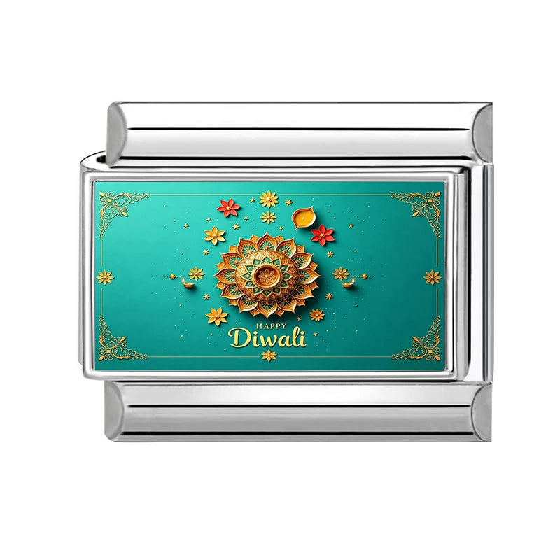 Happy Diwali Light up the Lights Italian Charm Links Fit 9mm Stainless Steel Men Women Y2K Bracelet DIY Making Jewelry Gifts Qme Style 3