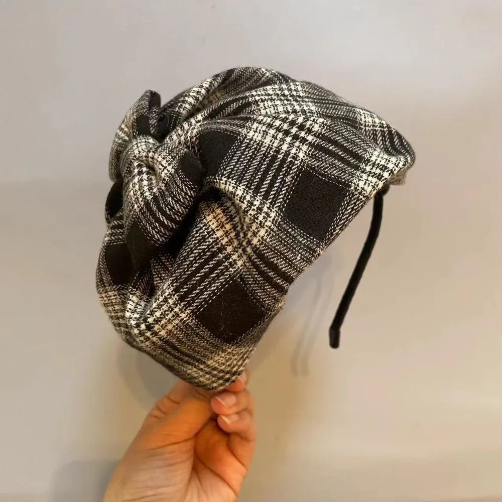 Retro Vintage Half-cap Headband Elegant Checkered Bowknot Headwear Qme Black