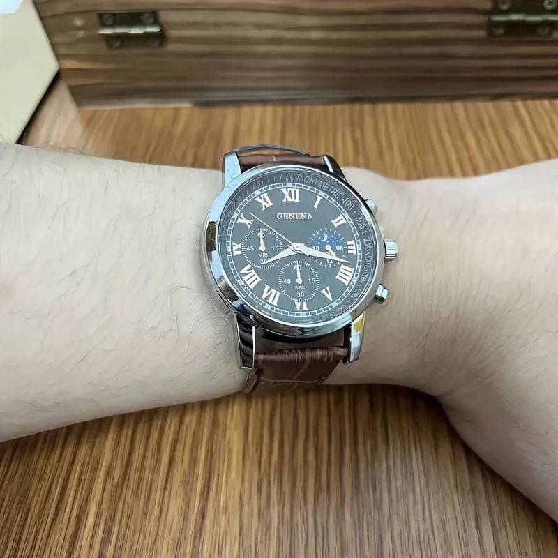 Geneva Silver Case Moon Phase Triple Sub-dial Brown Leather Watch Qme