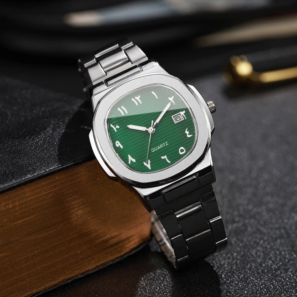 Hot Sale 2Pcs Silver Men's Watch Set, Blue & Green Dial Arabic Numeral Watches, Casual Style Qme