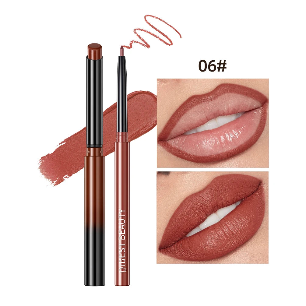 QIBEST 2pcs Lipstick Lipliner Pen Set Matte Nude Lip Liner Pencil Waterproof Long Lasting Lipstick Pen Contour Makeup For Women Qme 06