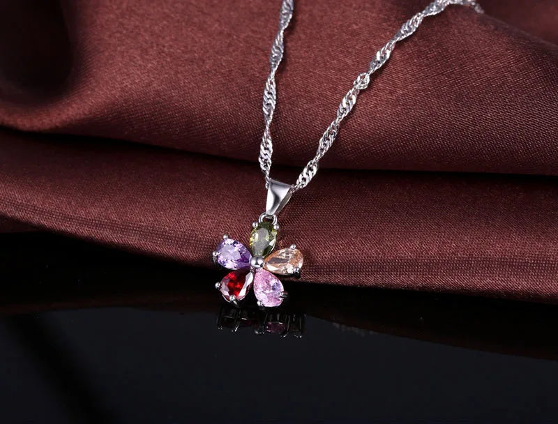 Pendant Necklace Hoop Earrings Ring Jewelry Set 925 Sterling Silver Color Austrian Colourful Crystal Lover Gift For Anniversary Qme