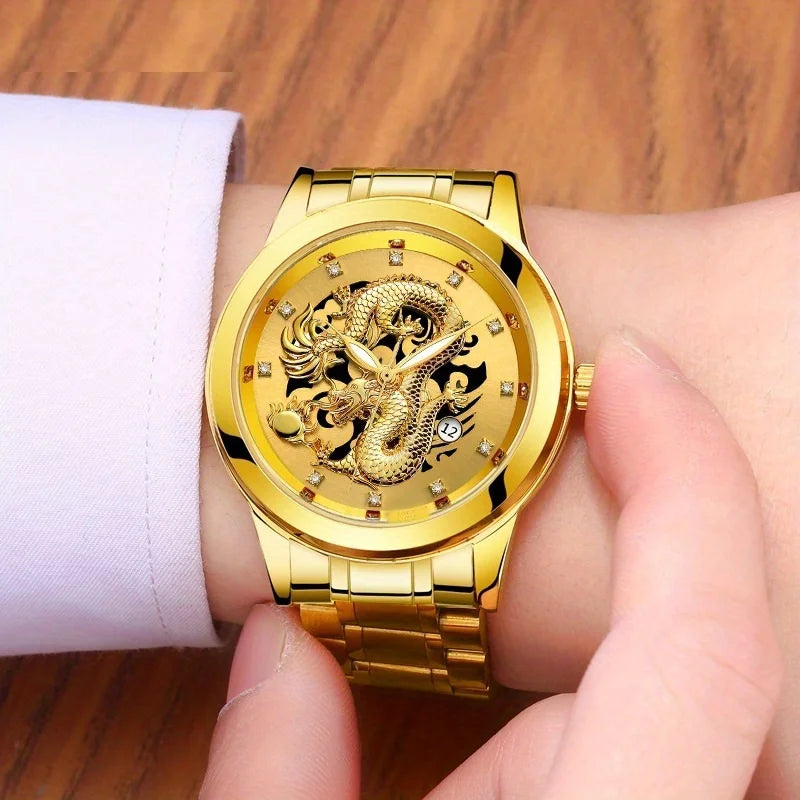Fashion Men's Watch Chinese Dragon Golden Watch Stainless Steel Calendar Quartz Watch Qme