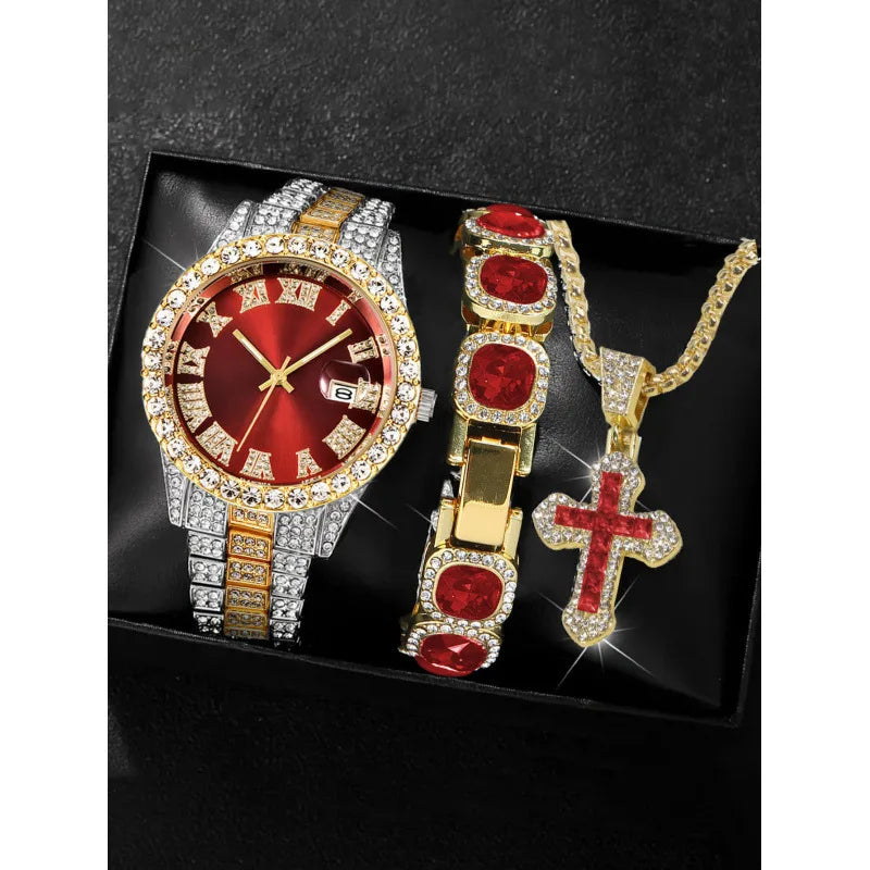 Men's Full Diamond Two-tone Watch and Jewelry Combo Set, Iced Out Green Stone Bracelet + Cross Pendant + Watch, Perfect Gift Qme Coffee