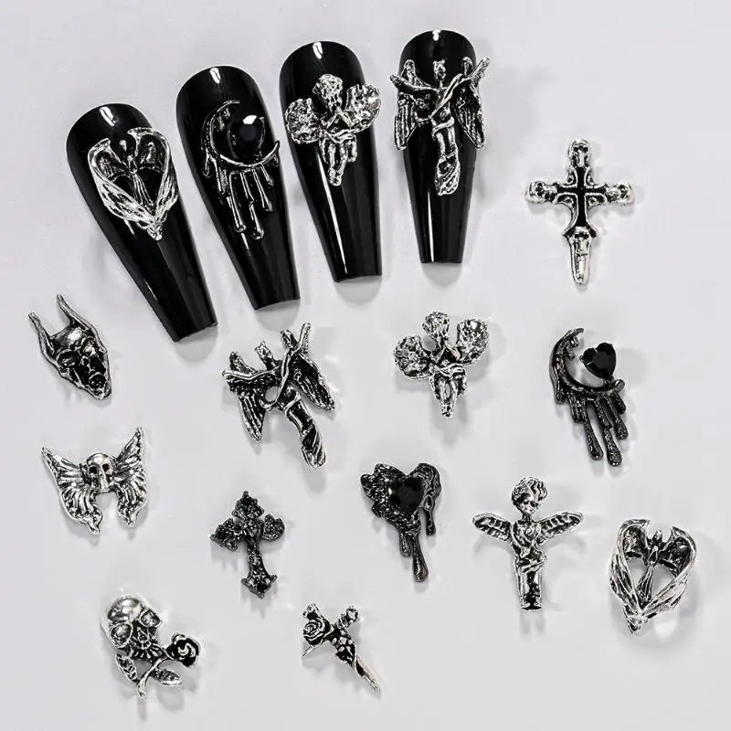 12Grid Vintage Cross Nail Art Charms Y2k Metal Alloy Skeleton Angel Qme