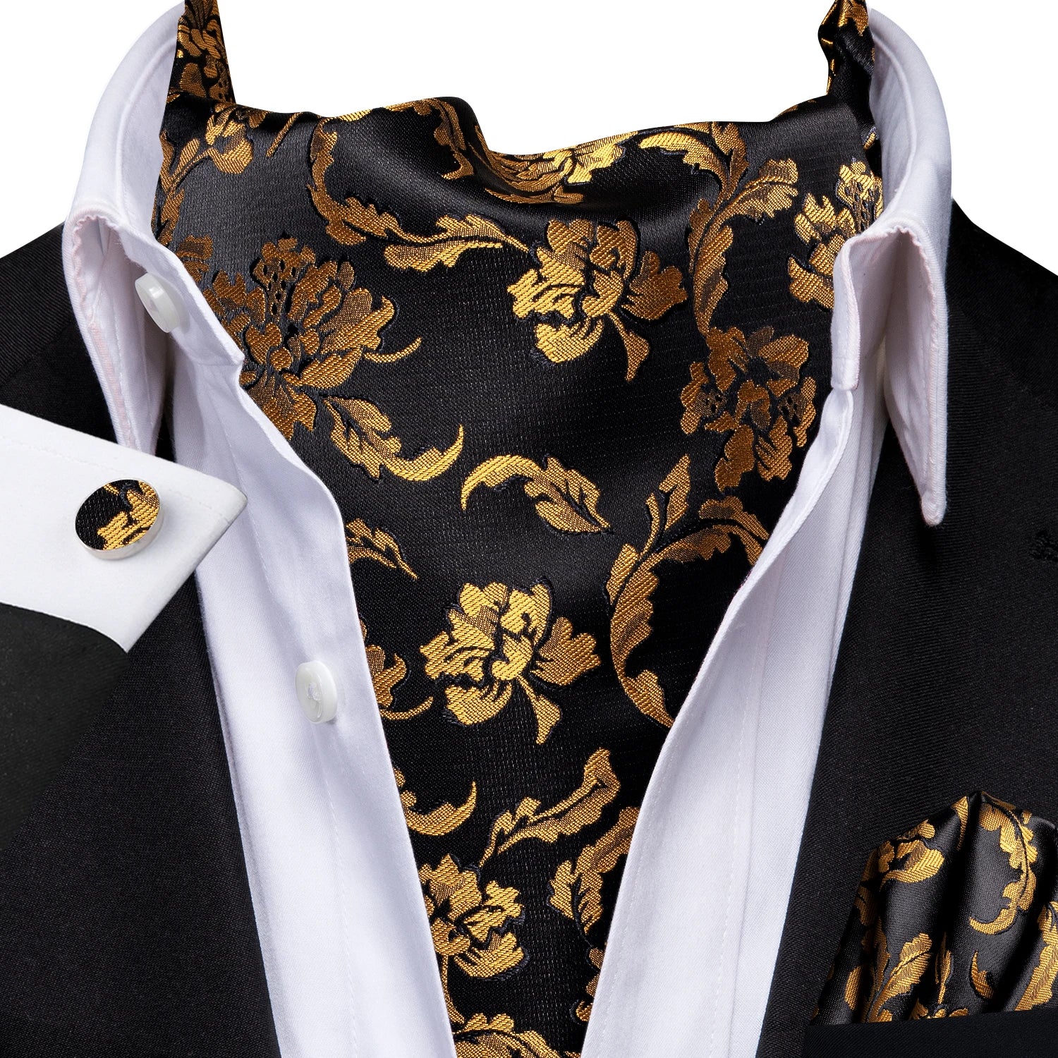 Hi-Tie Silk Mens Ascot Pocket Square Cufflinks Set Jacquard Paisley Floral Vintage Cravat Tie for Male Red Blue Green Gold Pink Qme AS-1063