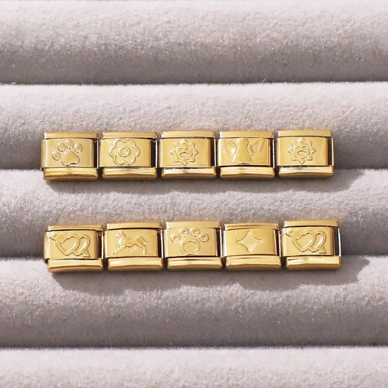 2025 New Gold Color Flower Heart Cute Cat Paws Sun Italian Charm Links Stainless Steel Fit 9mm Bracelet Jewelry DIY Making Gifts Qme