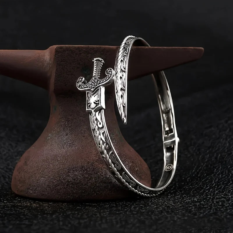 Snake & Sword Bracelet - Vintage Engraved Couple's Open-Ended, Suitable for Daily Wear, Parties Qme silvery
