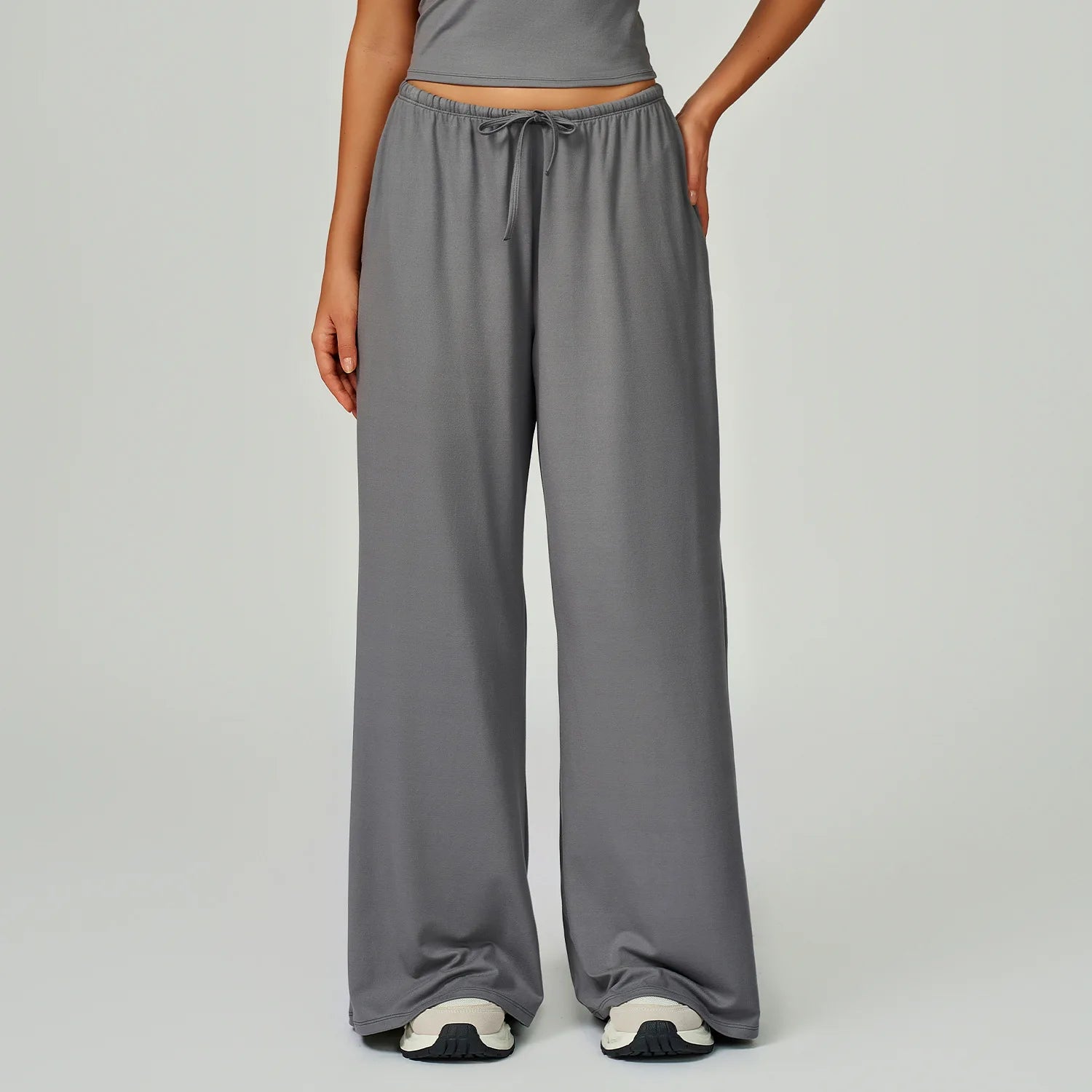 A Women Drawstring High Waist Sports Pants Quick Dry Full Length Wide Leg Yoga Trousers With Pockets For Workout Outdoor Use Qme Smoky gray L