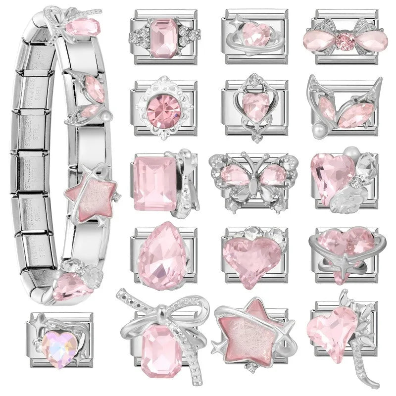 Y2K Blue Pink Gems Bows Heart Water Drop Butterfly Italian Charm Links Stainless Steel Fit 9mm Bracelet Jewelry DIY Making Gifts Qme