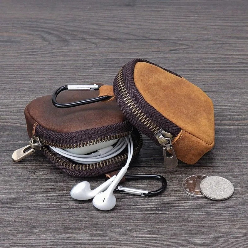 Crazy Horse Leather Earbuds Key Wallet Zipper Shell Design Multi-use Qme