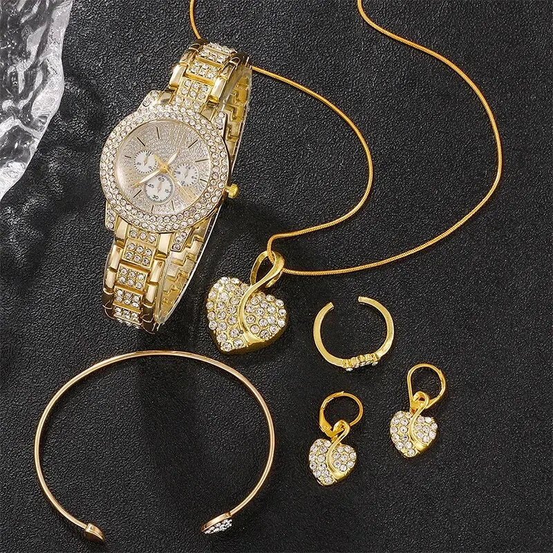 Women's Quartz Watch Gold Luxury Women Ring Necklace Earring Rhinestone Fashion Wristwatch Casual Ladies Watches Jewelry Set Qme