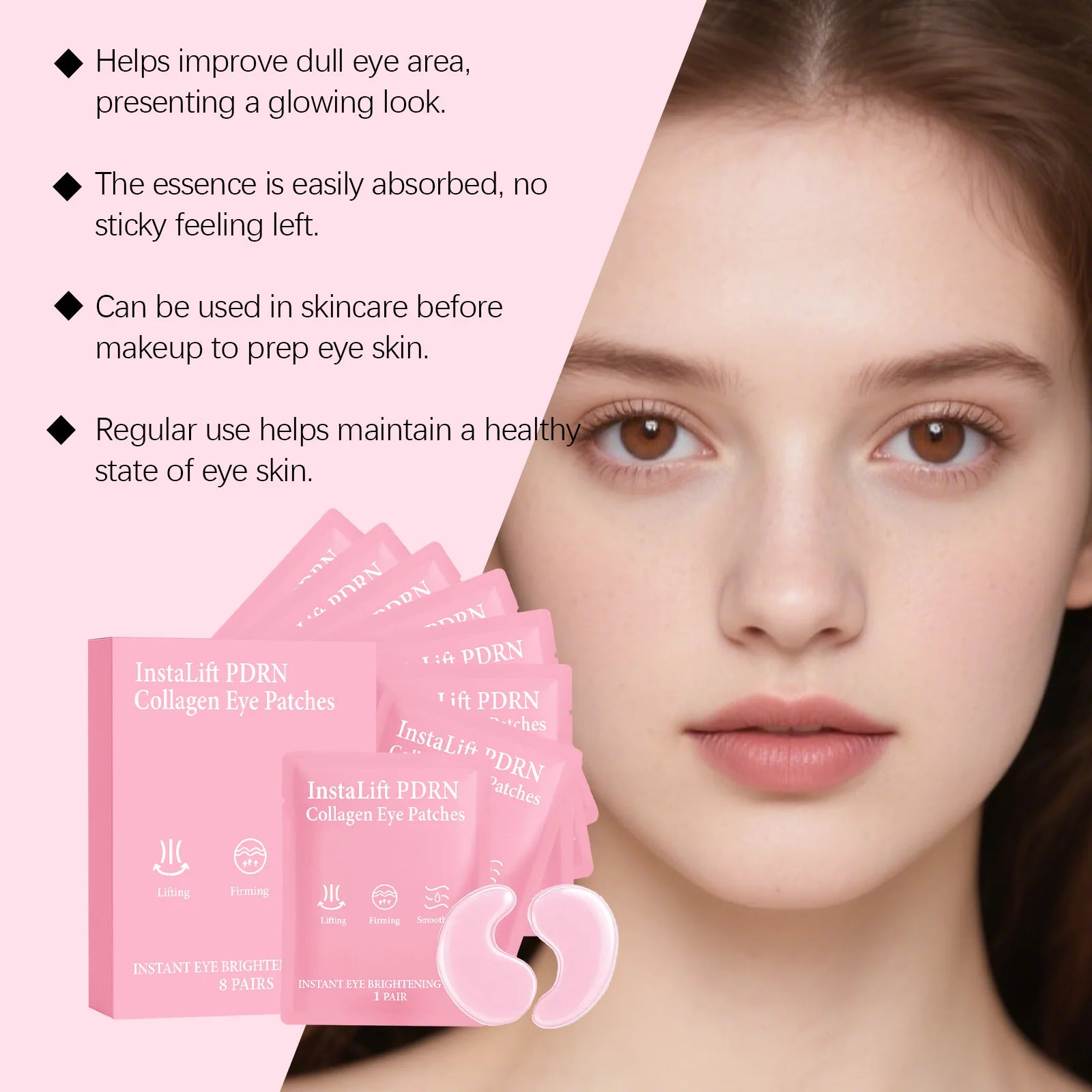 Instalift PDRN Collagen Eye Patches Anti Dark Circles Eye Bags Anti Wrinkles Hydrogel Under Eye Mask with Niacinamide & Caffeine Qme