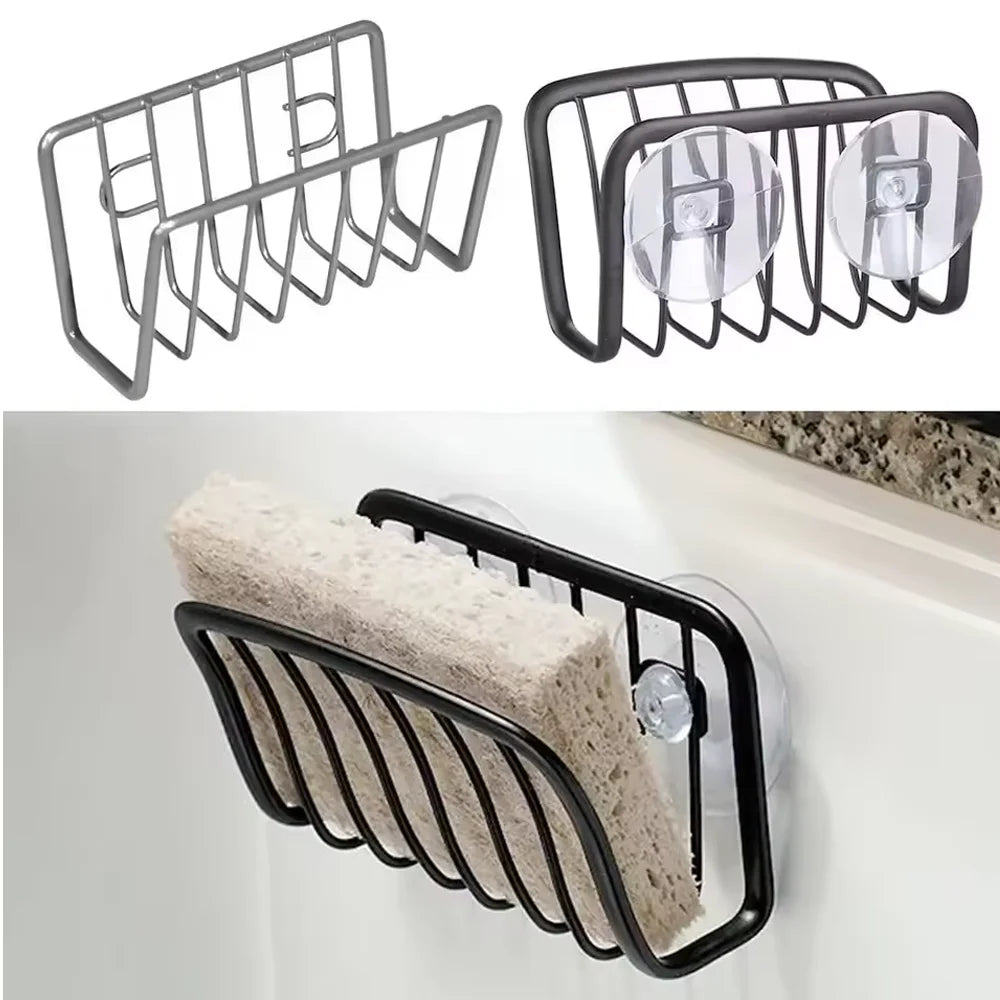 No-Drill Iron Sponge Holder Rack - Over Sink Draining Shelf, Wall-Mounted Kitchen Organizer for Dish Scrubber & Soap Dispenser Qme