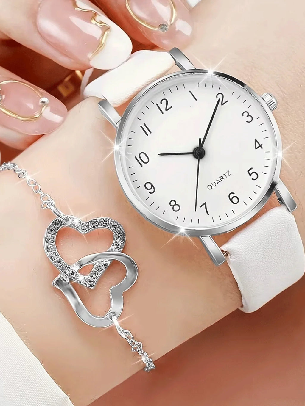 5Pcs Women Heart Diamond Jewelry Set, White Leather Quartz Watch + Necklace Earrings Bracelet Ring Gift Kit Qme