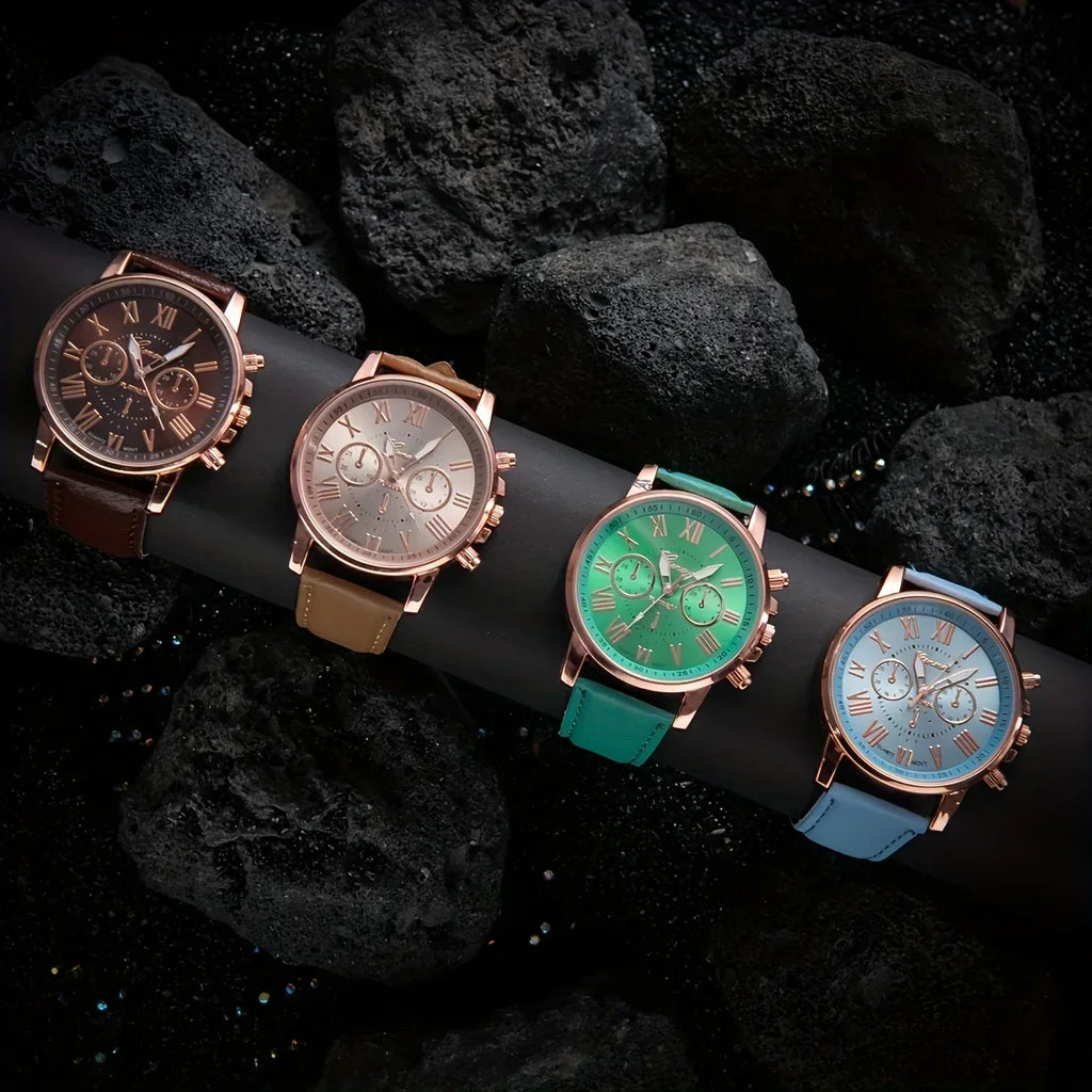 10pcs-Fashion Quartz Watch Set, Unisex (Multiple Colors), PU Leather Strap, Alloy Case, Ideal Gift for Friends and Family Qme