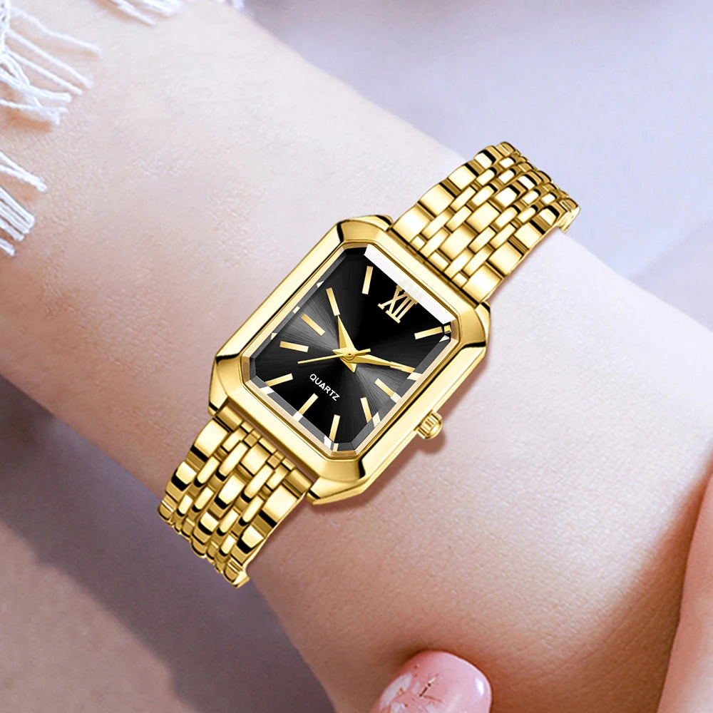 Golden Roman Black Plate Small Square Watch Water Drop Metal Bracelet Earnail Necklace 6-piece Set Extreme Accessories Qme
